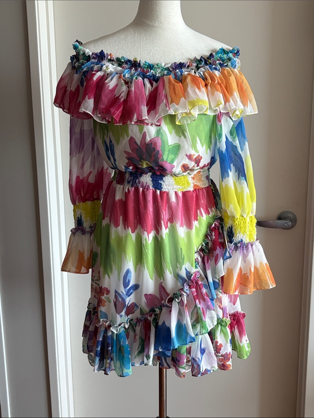 PatBO Bloom Off Shoulder Floral Mini Dress S NWT Ruffle Resort Party